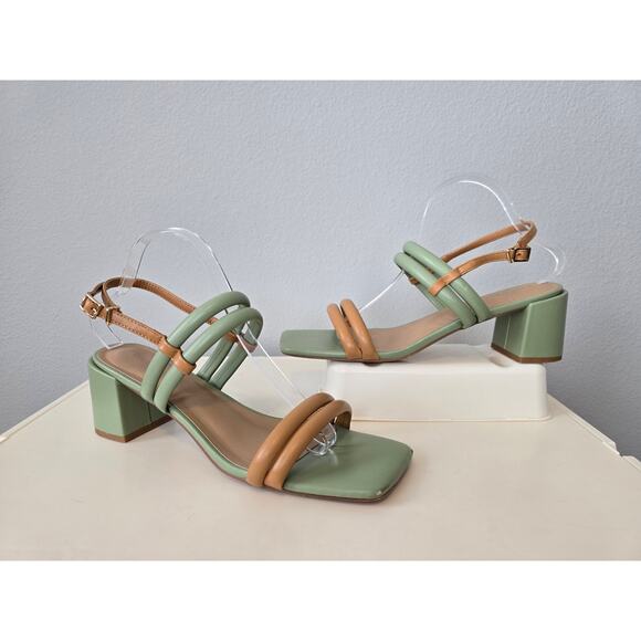 Torgeis New York Palm Heels Strappy Green & Tan Block Sandal Size 11 Preppy - Picture 1 of 9